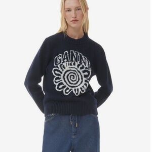GANNI Long Sleeve Blue Flower Graphic O-neck Pullover in Navy NWT